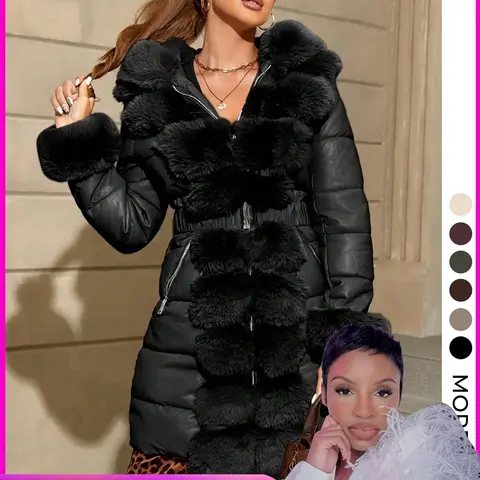 Women's Elegant Chic puffer Coat with Fleece Trim, Faux Fur & Belt, Mid-Length Fall Winter Hooded Fitted Woven Jacket, Warm Daily Wear Outerwear Tops, Warm Casual Outerwears