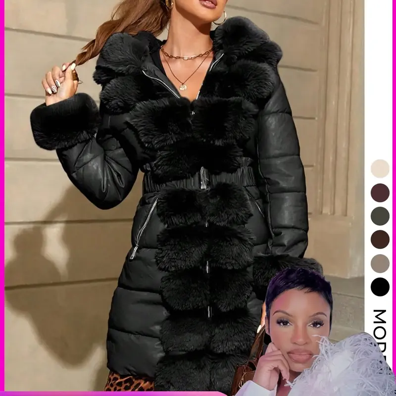 Women's Elegant Chic puffer Coat with Fleece Trim, Faux Fur & Belt, Mid-Length Fall Winter Hooded Fitted Woven Jacket, Warm Daily Wear Outerwear Tops, Warm Casual Outerwears