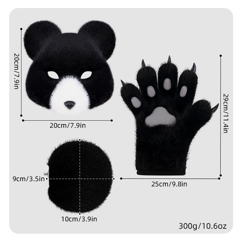 Furry Black Bear Cosplay Set – Plush Bear Mask, Paw Gloves & Tail for Halloween, Costume Parties & Cosplay Events