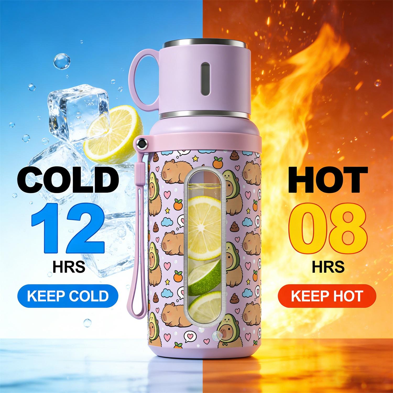 1PC, 20oz Insulated Stainless Steel Water Bottle, Vacuum Flask with Cup Lid That Doubles as Handle Cup, Double Wall Insulated Travel Mug, Portable for Camping, Hiking, School & Office, Cute Capybara Pattern, Ideal