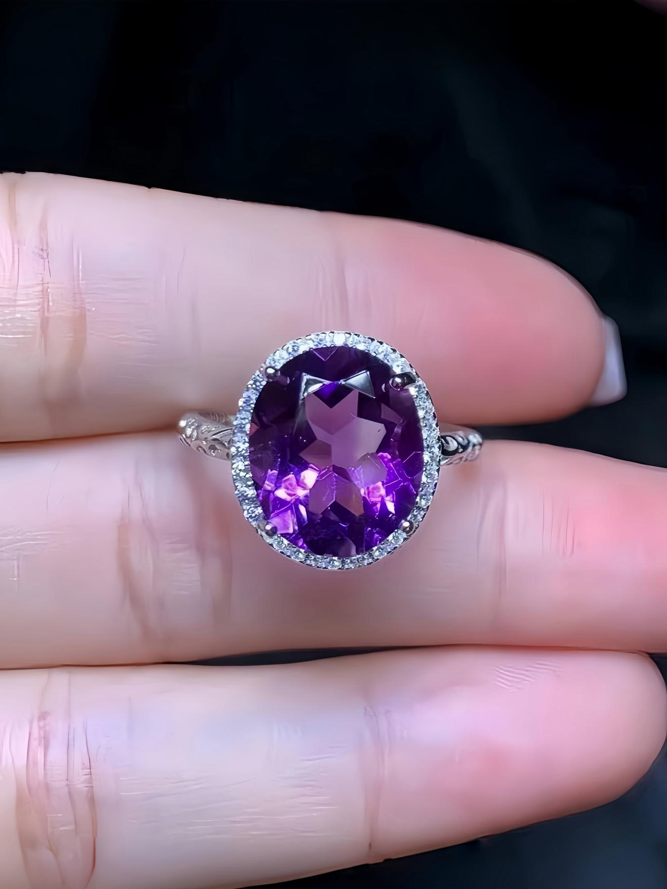 S925 Sterling Silver Natural Amethyst Ring, Fashion Jewelry for Party, Daily Clothing Decor, Trendy All-match & Exquisite Jewelry for Birthday Gift