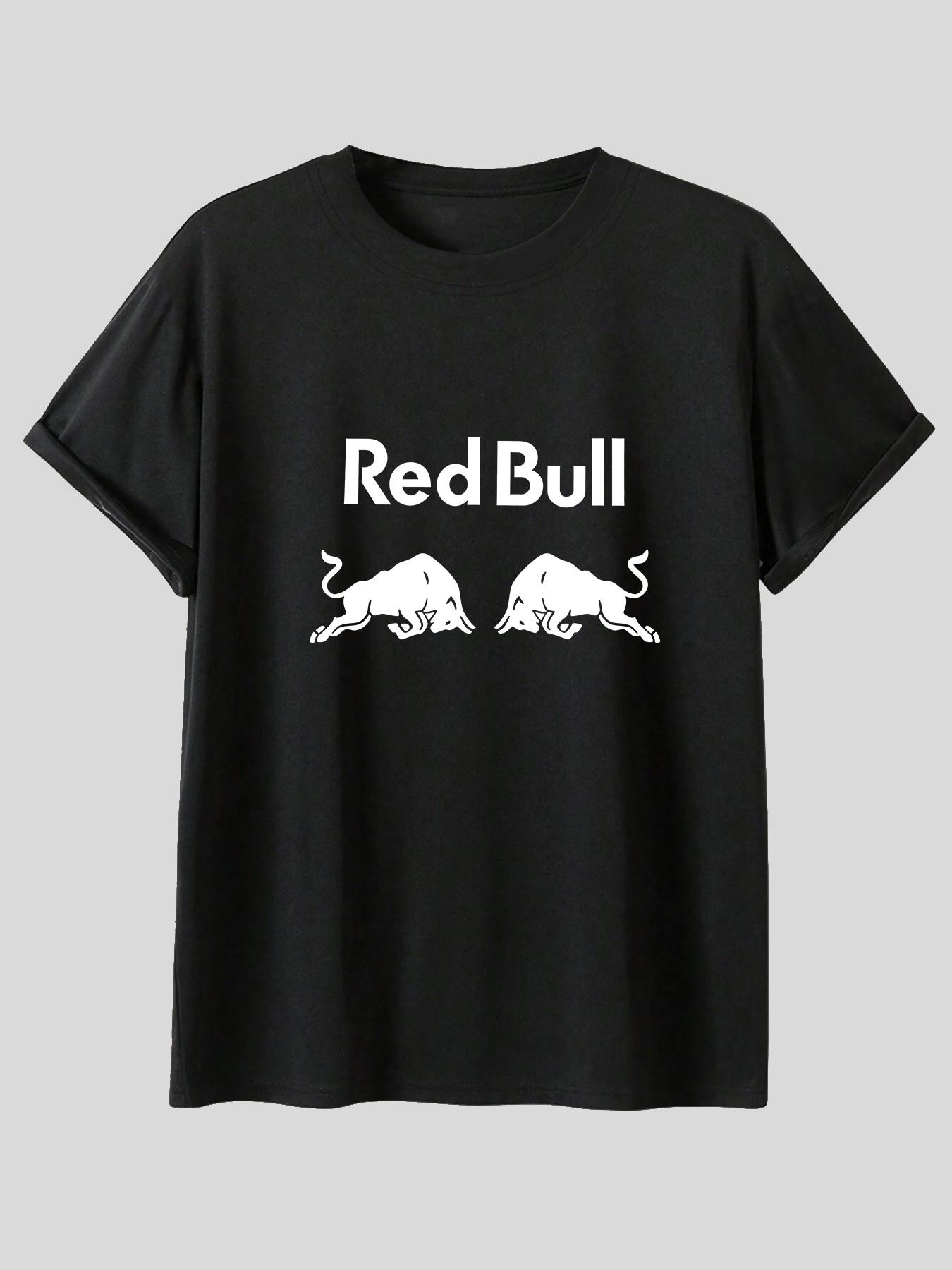 Bull Classic Dual Bull Logo Print Short Sleeve T-Shirt, Summer American Streetwear Casual Top, Loose-Fitting Geometric Pattern