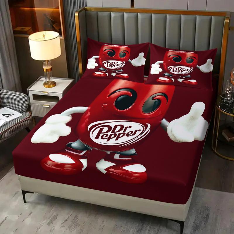 Dr Pepper Brand Theme Fitted Sheet Set, Red Humanoid Fun Drink Can, Soft Skin-Friendly Dustproof Anti-Wrinkle, Trendy Bedroom Decor for Brand Lovers, Include 1 Fitted Sheet & 2 Pillowcase without Core