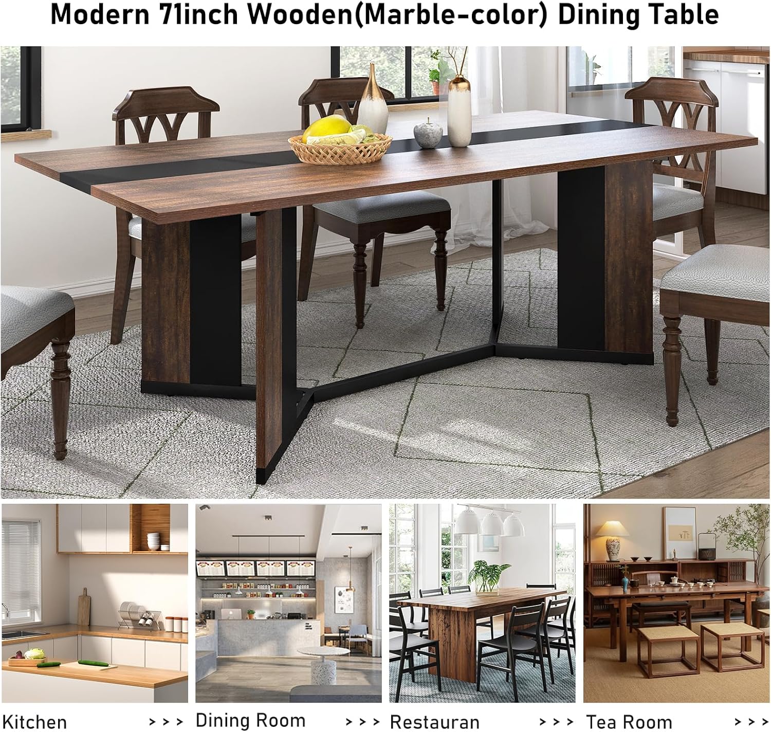 71In Large Rectangular Brown Dining Table for 4 5 6 7 8 People w/35 Marble-Color Wood Watrproof Tabletop,Adjustable Leg.6ft Luxurious Family Dinner Table for Office Kitchen Living Room, (white/Brown)