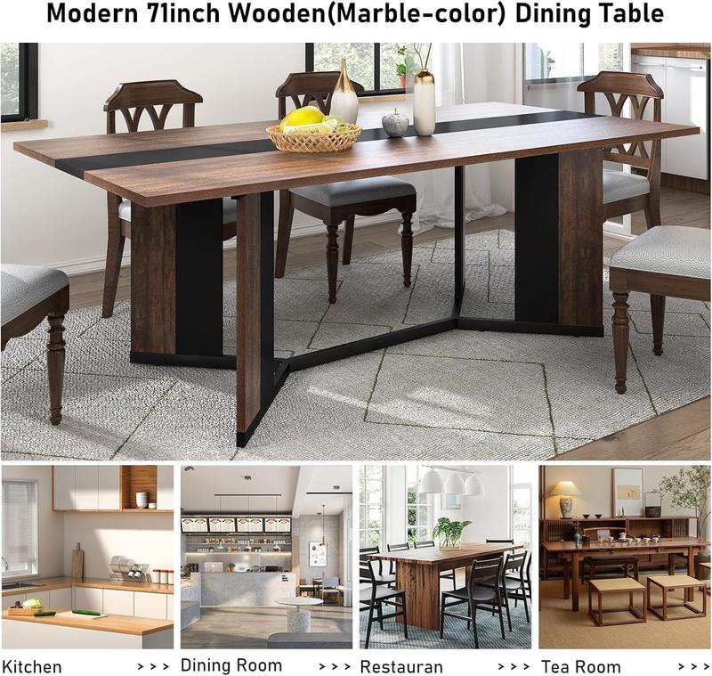 71In Large Rectangular Brown Dining Table for 4 5 6 7 8 People w/35 Marble-Color Wood Watrproof Tabletop,Adjustable Leg.6ft Luxurious Family Dinner Table for Office Kitchen Living Room, (white/Brown)