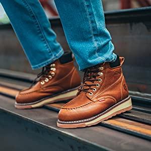 SUREWAY 6” Mens Heavy Duty Soft/Steel/Composite Toe Work Boots for Men,Comfortable & Durable,Goodyear Welt,Full Grain Leather,Oil/Slip Resistant,Wedge Moc Toe Industrial Construction Boots/Shoes