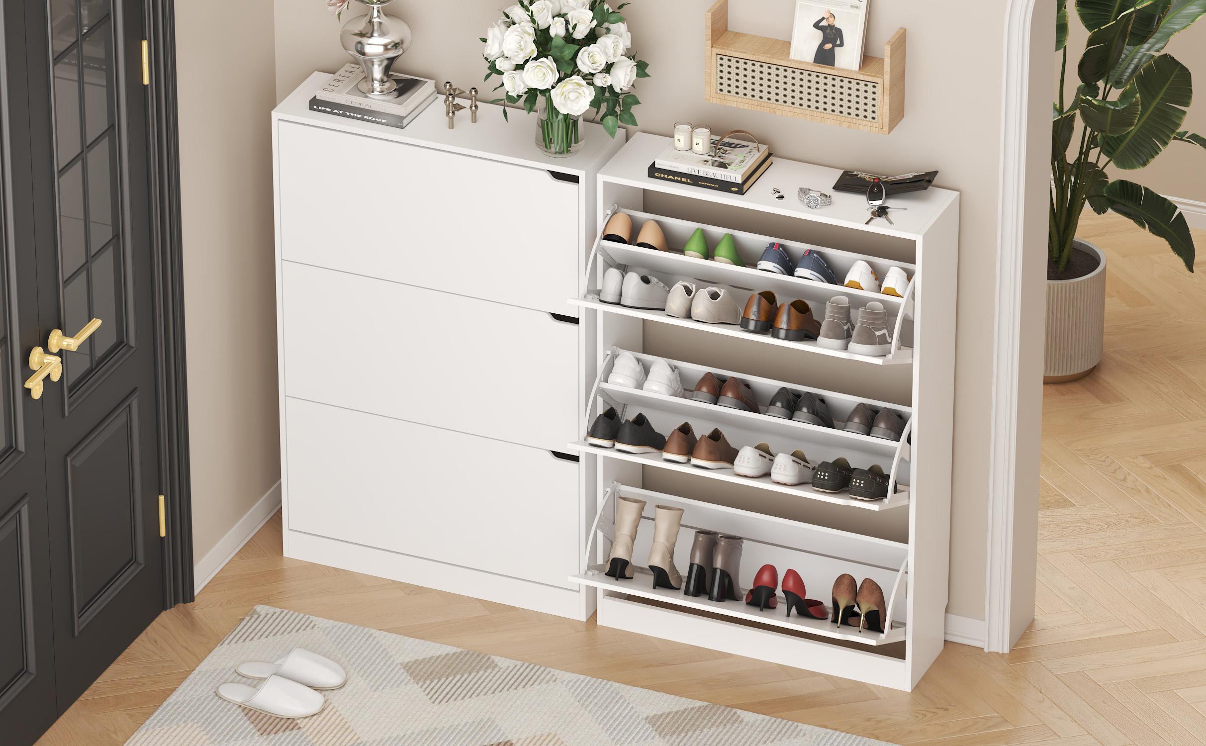 Natural Finish Adjustable Shoe Cabinet with Hidden Storage，Shoe Storage Cabinet with 3 Flip Drawers,Narrow Shoe Rack Cabinet,Freestanding Organizer Storage for small-sized multifunctional furniture