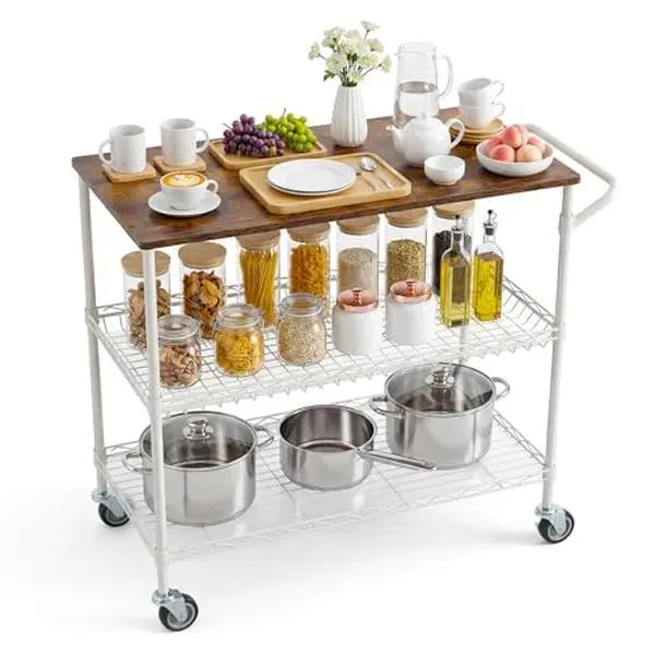 GARVEE 35.43in Rolling Kitchen Cart on Wheels, 550Lbs 3-Tier Heavy Duty Utility Cart with Wood Top, 2 Shelf Liners, 10 Hooks, 360° Swivel and Lockable, Metal Serving Storage Cart for Restaurant, White