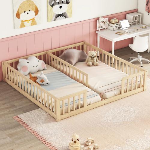 Double Twin Floor Bed with Fence, Guardrails, without door