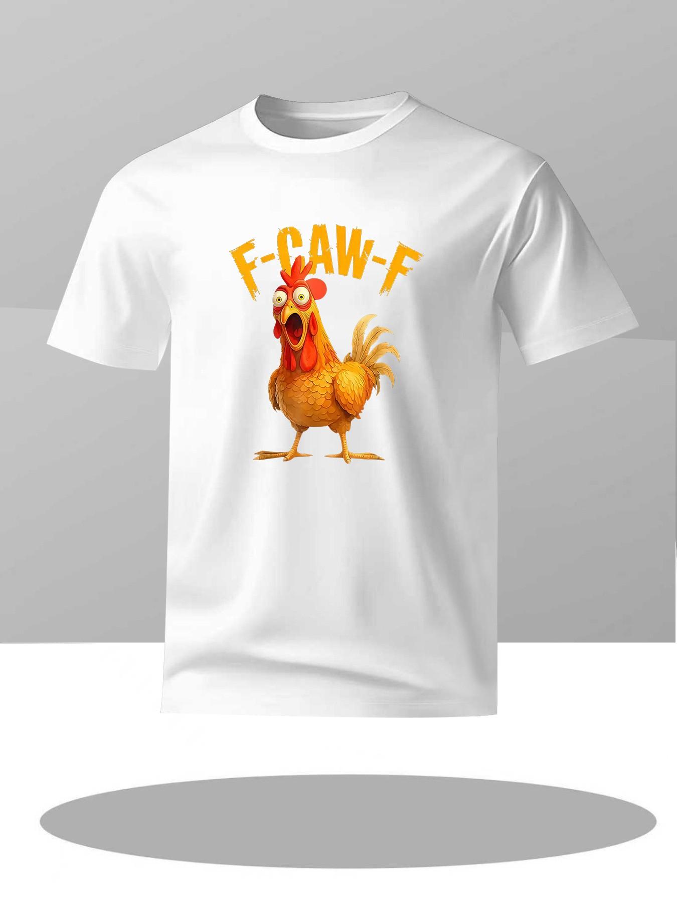 Men's Summer Short Sleeve T-Shirt, Cartoon Rooster Print, F-Caw-F Letter Design, Round Neck, Casual Long T-Shirt, Geometric Pattern