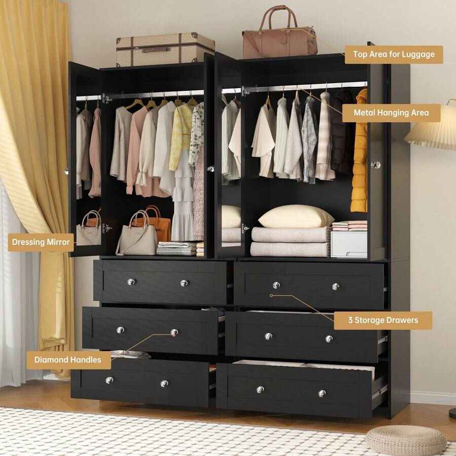 71" Large Wardrobe Closet With Mirror, Freestanding Bedroom Armoire With 3/6 Large Drawers & 2/4 Doors, Clothes Storage Organizer Cabinet For Bedroom
