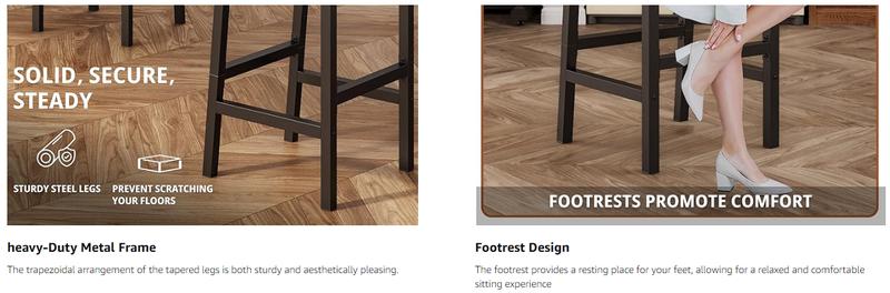 IRONCK Ergonomic Bar Stools Set of 2, 16.5" Square PU  Upholstered Stools with Back & Footrest, Thick Cushion for Kitchen  Island, Dining & Bar