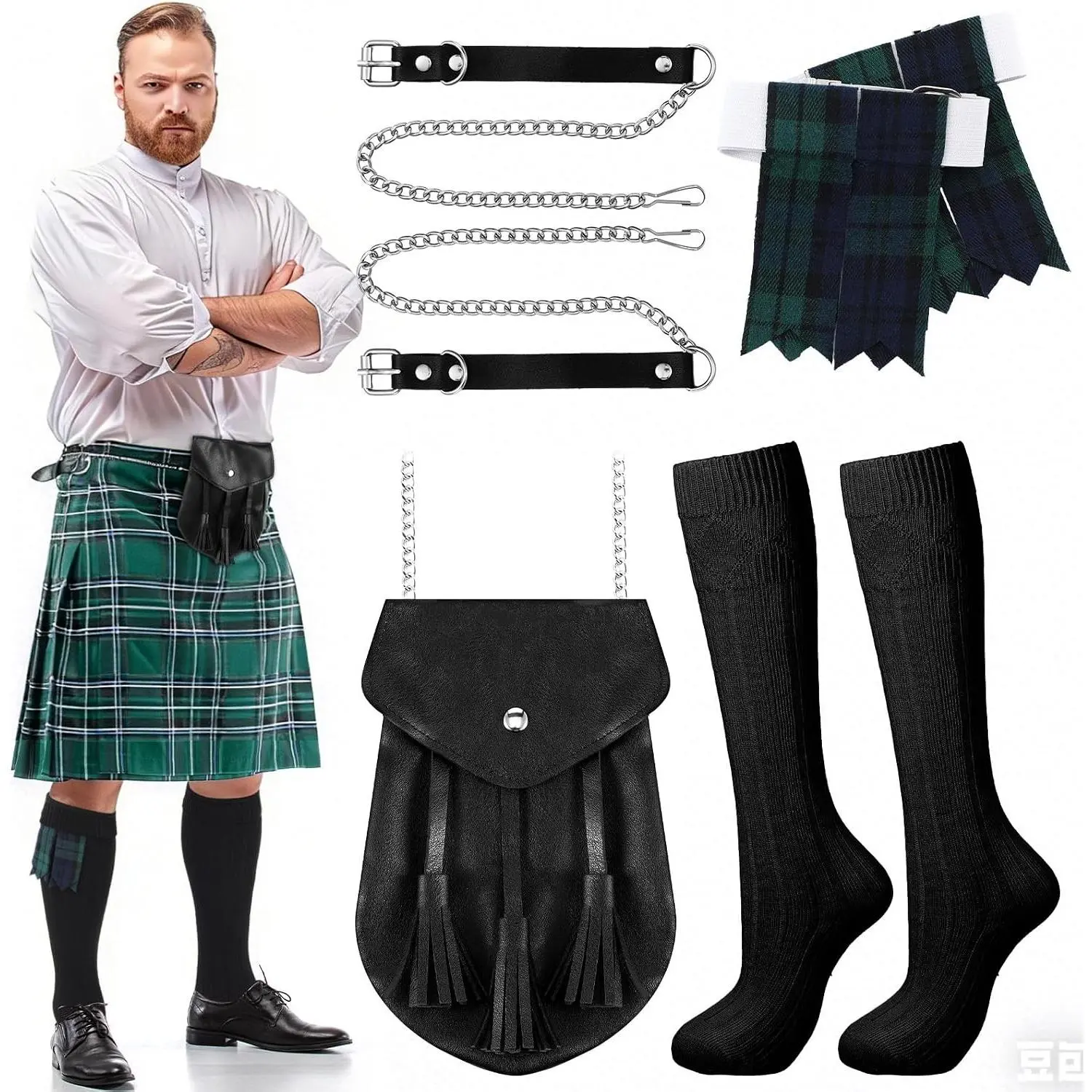 3 Pcs Men Scottish Kilt Accessories Irish Traditional Scottish Socks Tartan Hose Flashes SporranGift