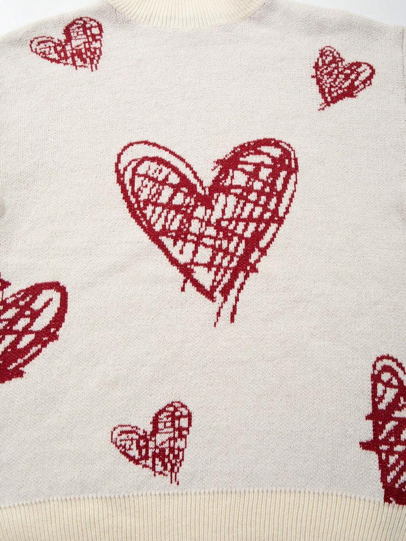 Men's New Casual Loose Fit High Neck Knit Sweater, Loose Casual Pullover, Full Heart Print, Vintage Versatile Commuter Long Sleeve Top, Valentine's Day Gift