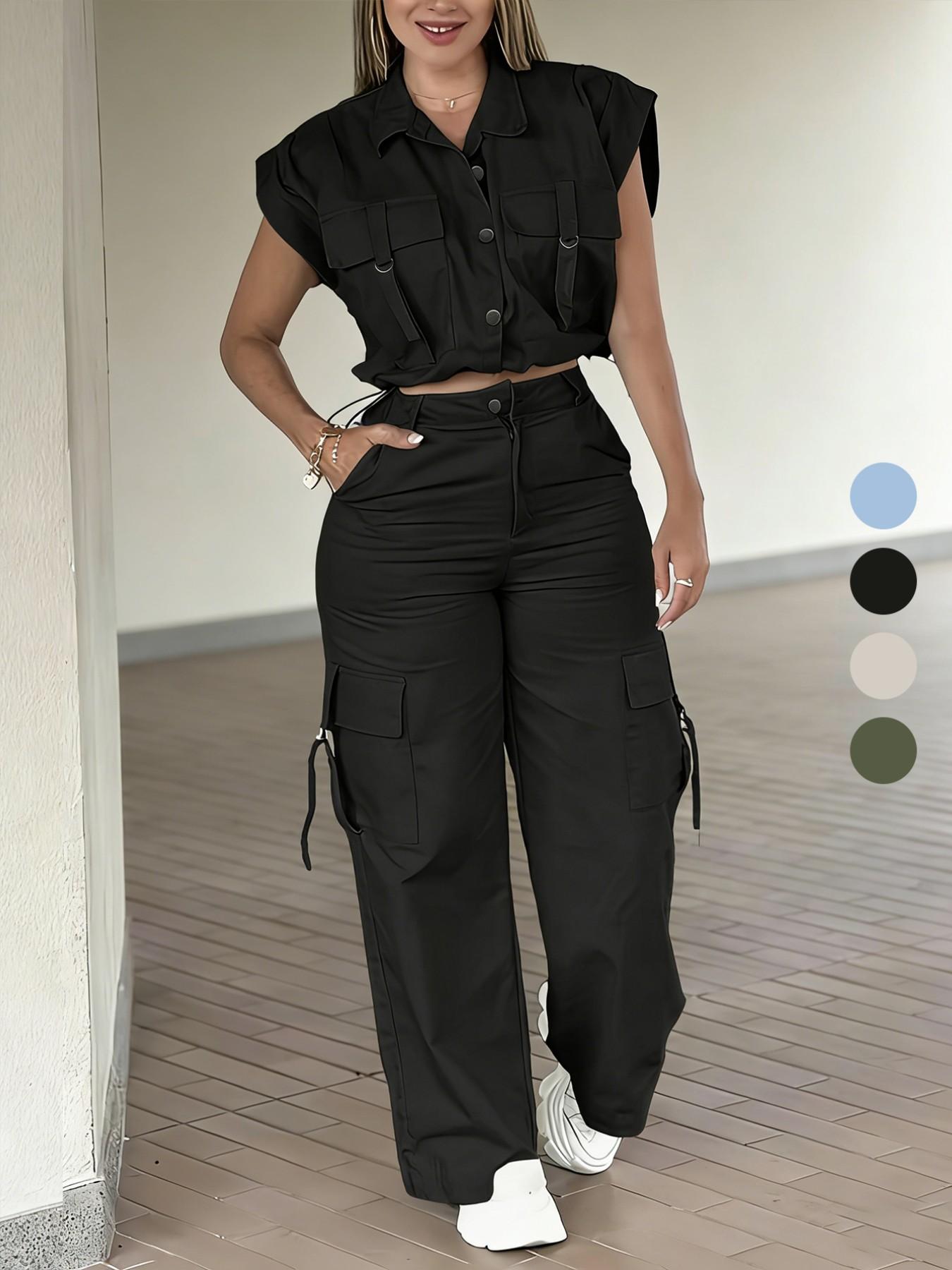 Women's Solid Button Front Tank Top & Cargo Pants, Pockets, Casual Fashion Cozy Two-piece Set for Daily Outdoor Wear, Ladies Clothes for Summer