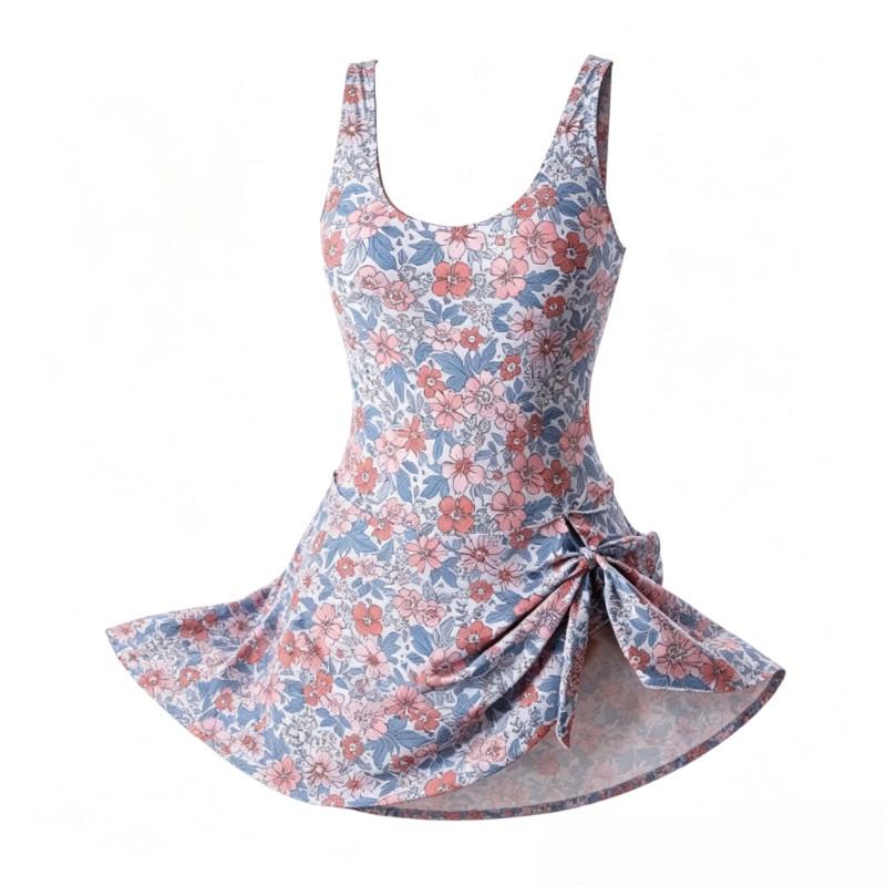 Pink Blue Ditsy Floral One Piece Swim Dress for Women  Tummy Control Modest Swimsuit with Skirt, Knot Side Design, Flattering Bathing Suit for Beach, Pool, Summer Vacation