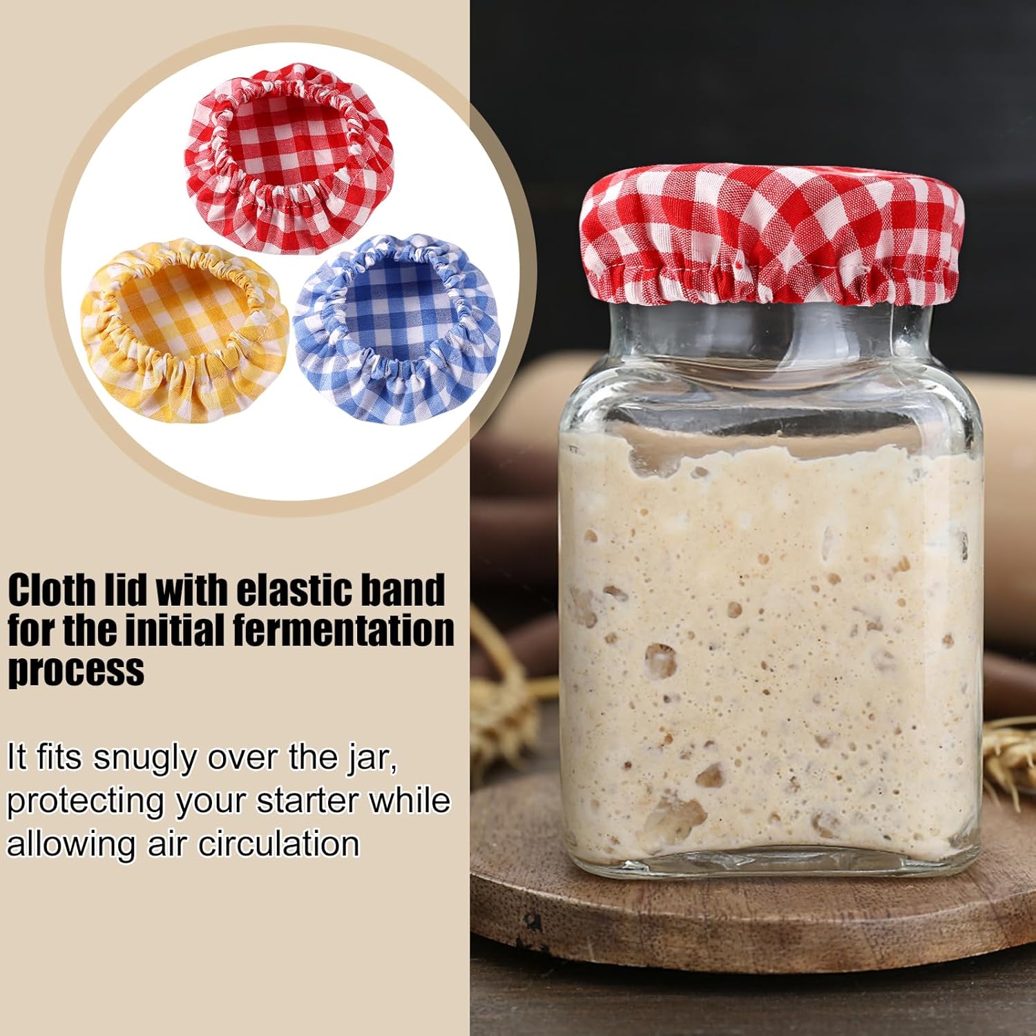 6pcs Jar Cloth Covers, Plaid Cloth Jar Covers Elastic Unbleached Cloth lid Reusable Sourdough Starter Bowl Cover Dough Basket Cover Preserving Lids Food Storage for 3-4 Inch Jar Mouth Kitchen Baking Supplies