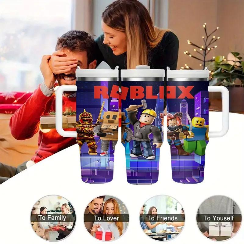 1pc Roblox Adventure 40oz Tumbler, Cartoon Game Character Car Insulated Cup, Slide Handle Large Capacity Straw Cup, Gaming Accessories Travel Mug