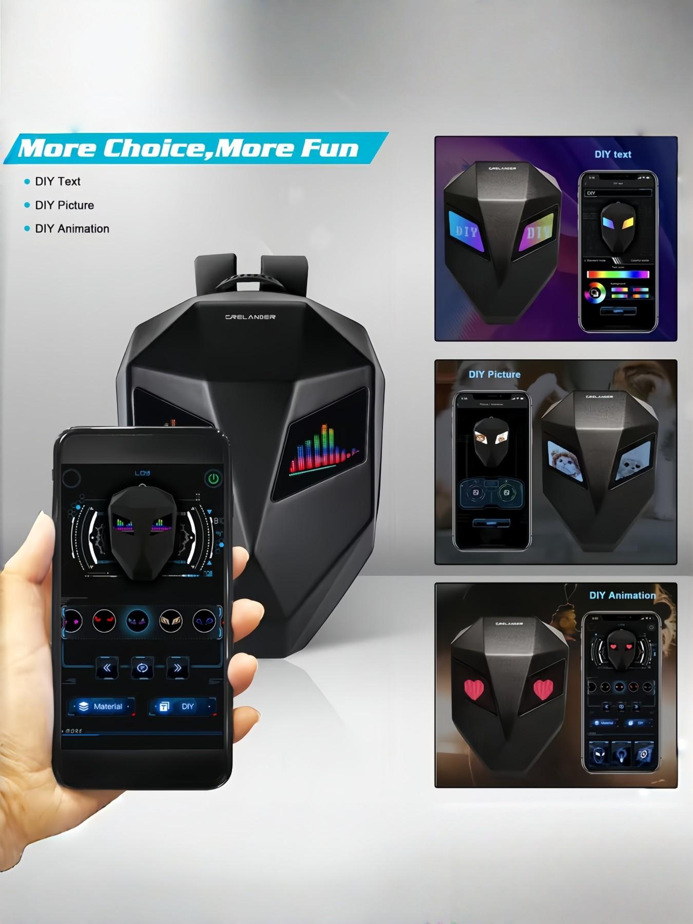 LED Motorcycle Backpack with Programmable Rider Eye and RGB Lighting, USB APP Control, Expandable Storage, Durable Design