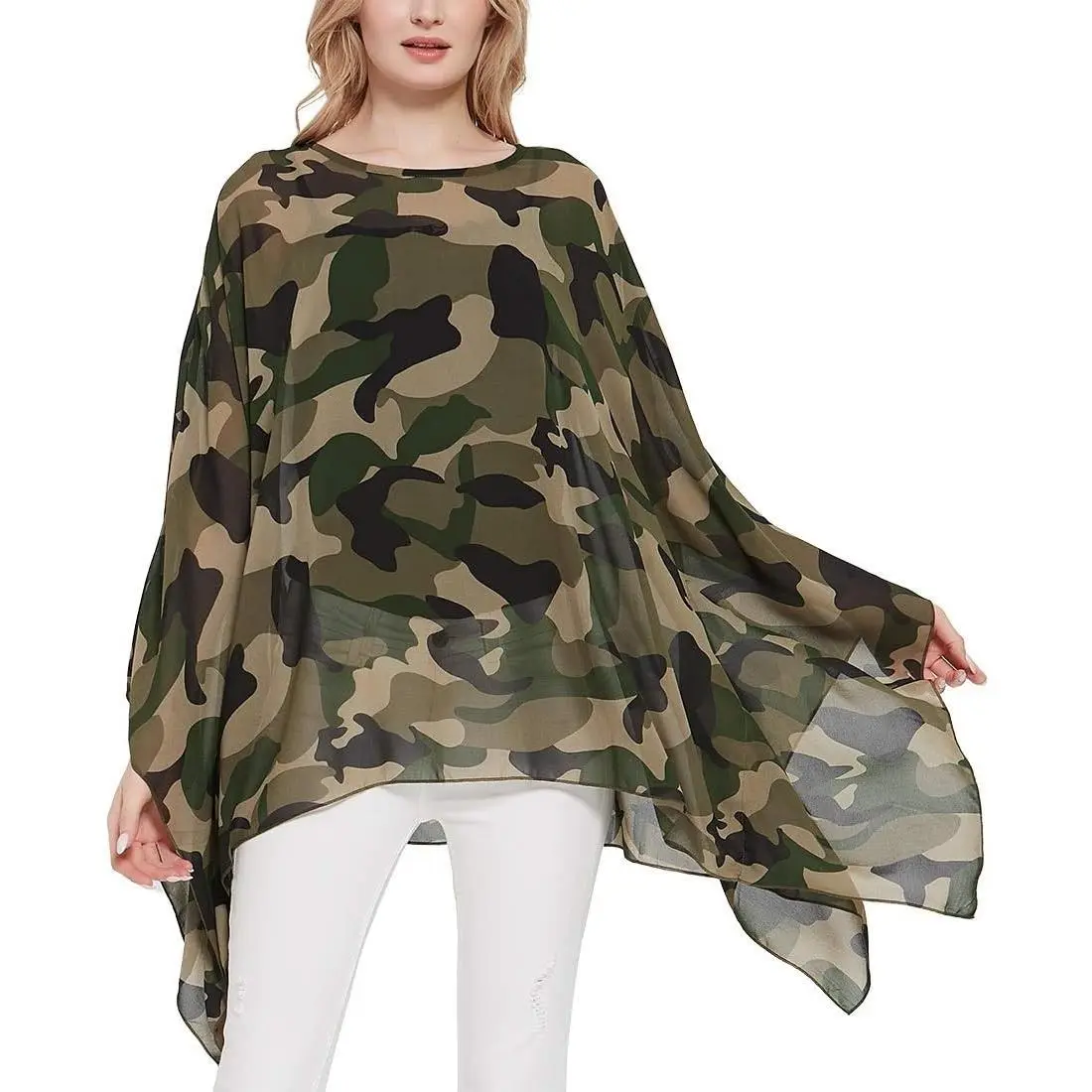 Women's Loose Solid Long Batwing Sheer Chiffon Caftan Wrap Poncho Tunic Top TopperGift