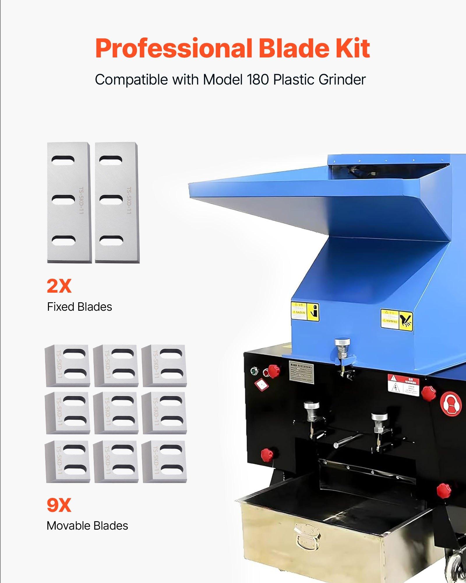 VEVOR 180 (SKD-11) Alloy Steel Shredder Blade Kit, 9 Rotating & 2 Fixed High-Hardness Blades, Compatible with 180 Plastic Grinder for ABS, PP, PVC, Nylon, PS, PC, Drums, Films