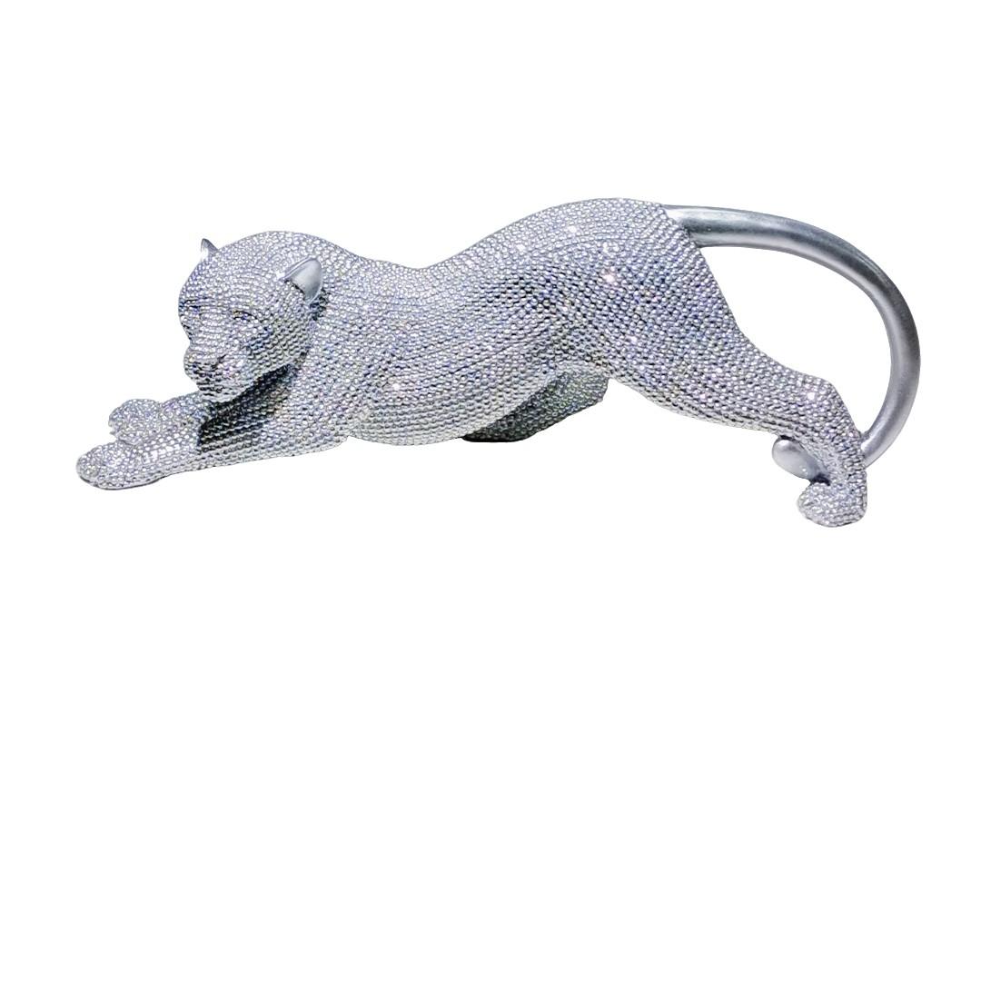 Modern Elegant Silver Leopard Statue, Resin Art Decoration, Lifelike Animal Sculpture for Living Room, Office, Wine Cabinet