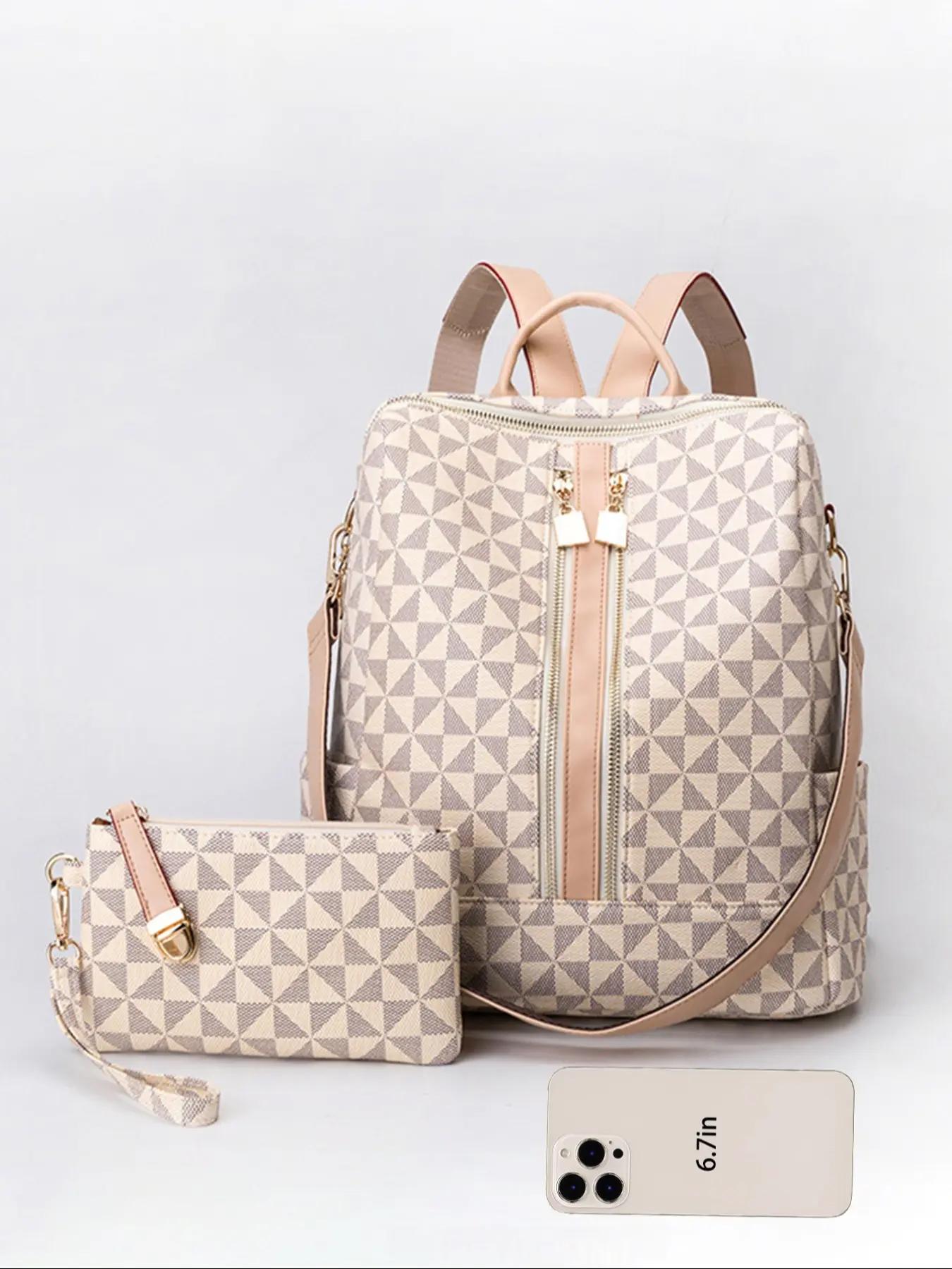 Fashionable Geometric Pattern Backpack & Wristlets Bag, Casual Printed Backpack, Lightweight Casual Daypack, Casual Large Capacity Backpack, Trendy Versatile Travel Durable Backpack for Women