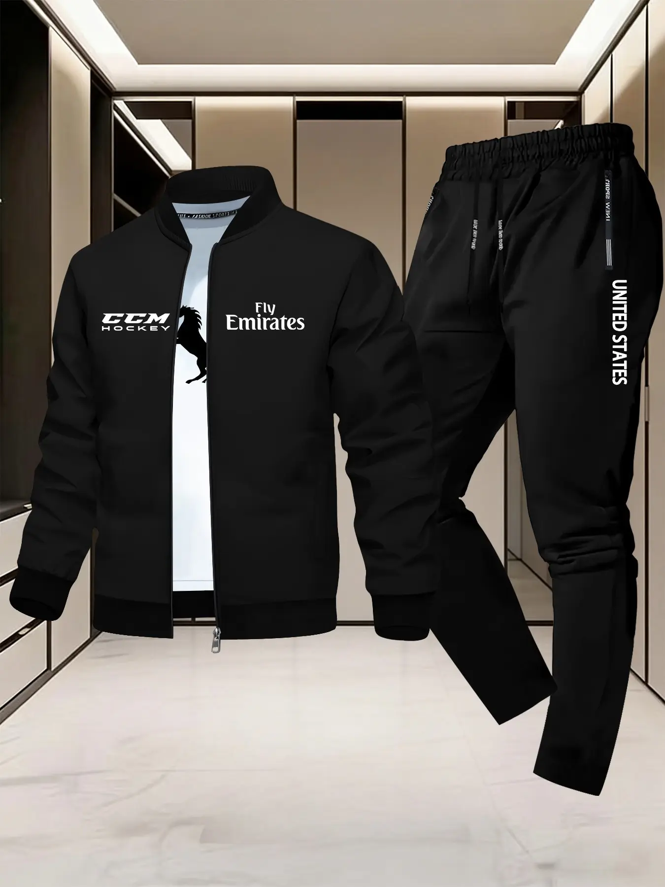 Black jacket + black long pants