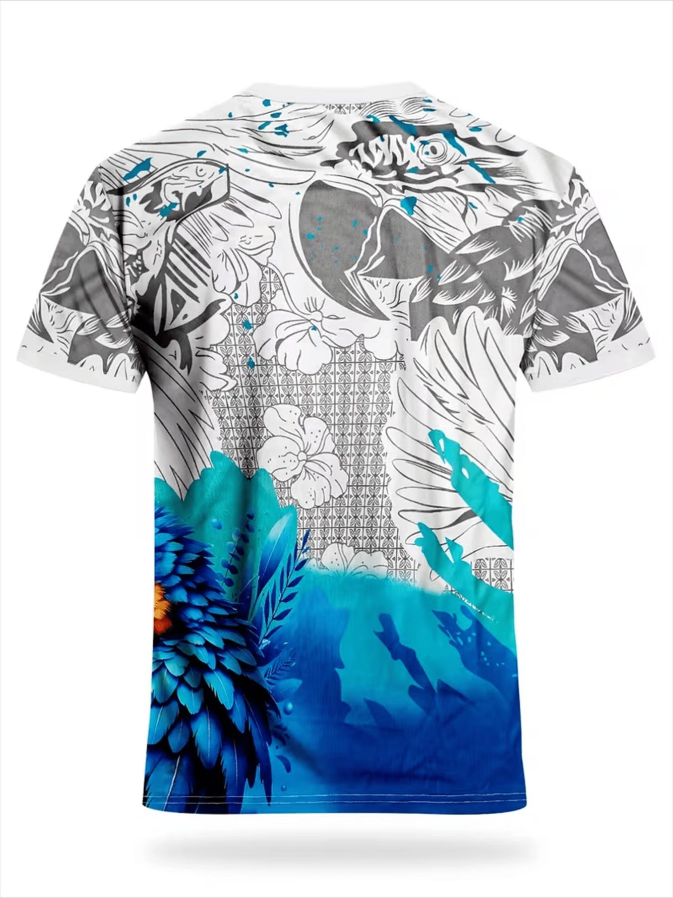Brazilian Men's Sporty Tee & Rio Style Breathable Round Neck Top, Parrot Pattern Design, Lightweight Sweat-Wicking Fabric Ideal for Soccer Teams