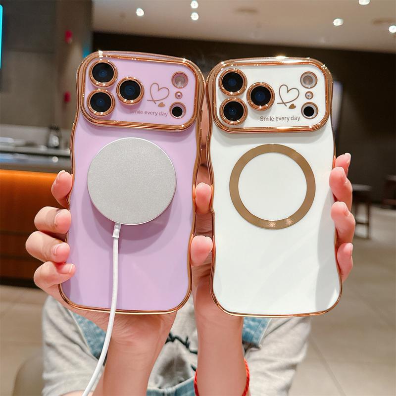For iPhone 17 Pro Max 16 15 14 12 Case Magnetic,for Women Girls Soft Cute Wave Frame Curly Shape Love Heart Luxury Plating Phone Case Compatible with MagSafe Shockproof Back Cover