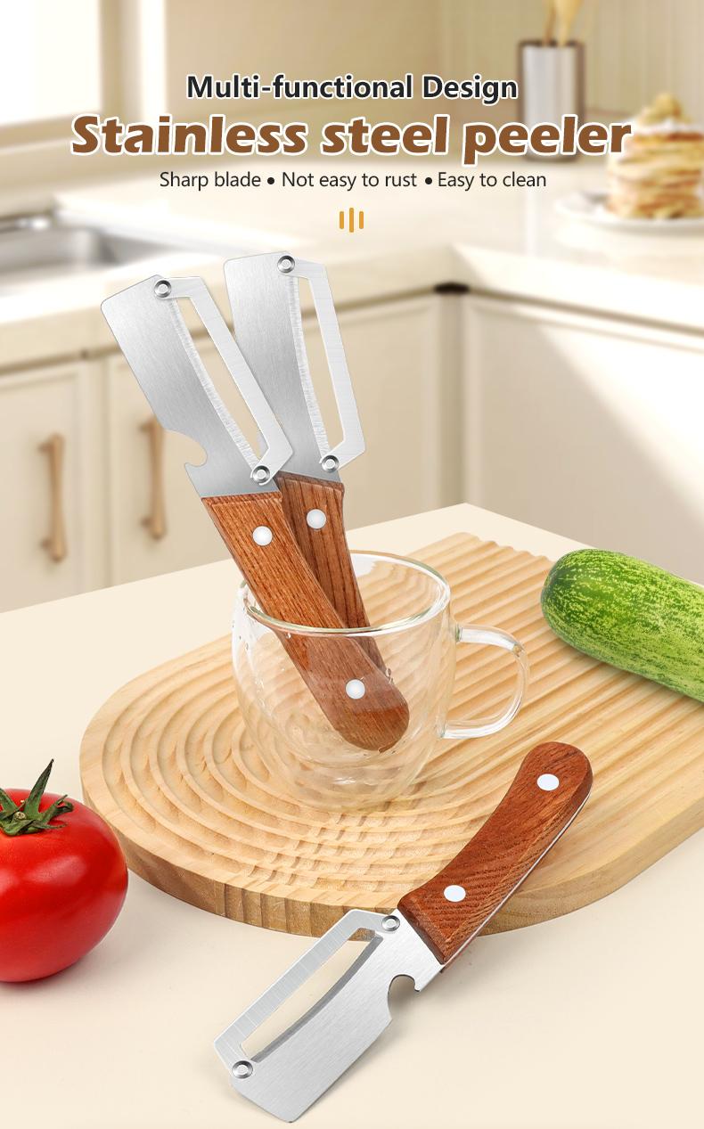 Premium Vegetable & Fruit Peeler – Wooden Handle, Stainless Steel Blade, Built-in Bottle Opener, Ideal for Apples, Potatoes, Pumpkins, Papayas & Zucchinis