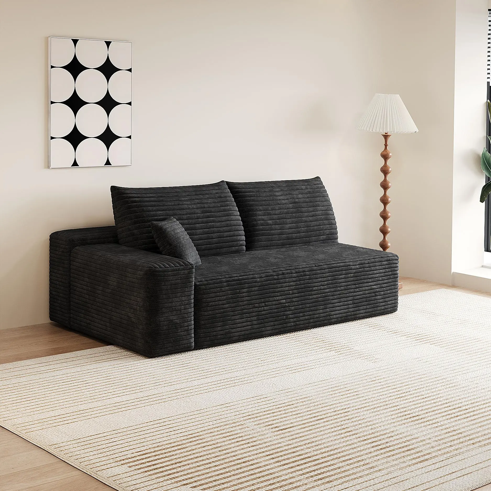 Black Modular Sectional Sofa with Chaise, Plush Corduroy Sleeper Couch for Living Room, Apartment, or Bedroom