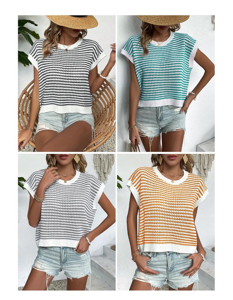 Women's Striped Knitted Vest Top, Round Neck Cap Sleeve Casual Loose Fit, Elegant Summer Fashion, Versatile Women's Knitwear