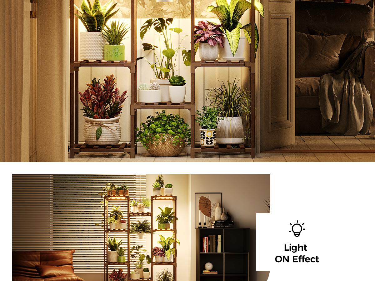 Bamworld Plant Shelf with Grow Light Plant Stand for Mutiple Pots Large Plant Holder for Living Room Patio Boho Home Decor for Gardening Warm Light