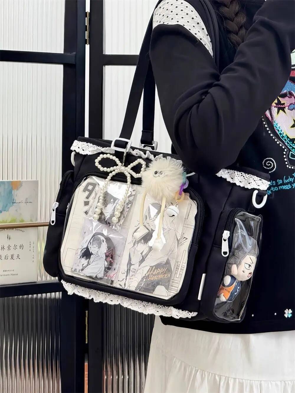 New Nylon/Polyester Ita Bag for Lolita Girls - Transparent Large-Capacity Shoulder Tote, Crossbody, DIY Display Casual Handbag
