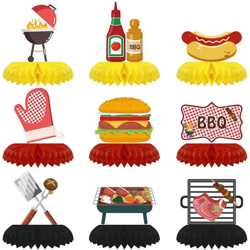 9PCS BBQ Party Decorations BBQ Baby Shower Table Centerpieces Picnic Decorations Honeycomb Table Toppers for Baby Shower Decorations Summer Birthday Party