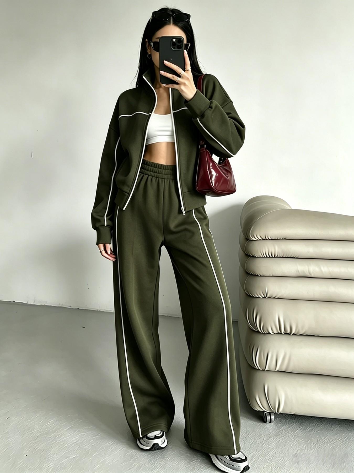 Women's Two-Piece Set, Fall Winter, Long Sleeve Zipper Stand Collar Sweatshirt, Mid-Waist Pants, Casual Office Wear, Multiple Colors Available, Clothes