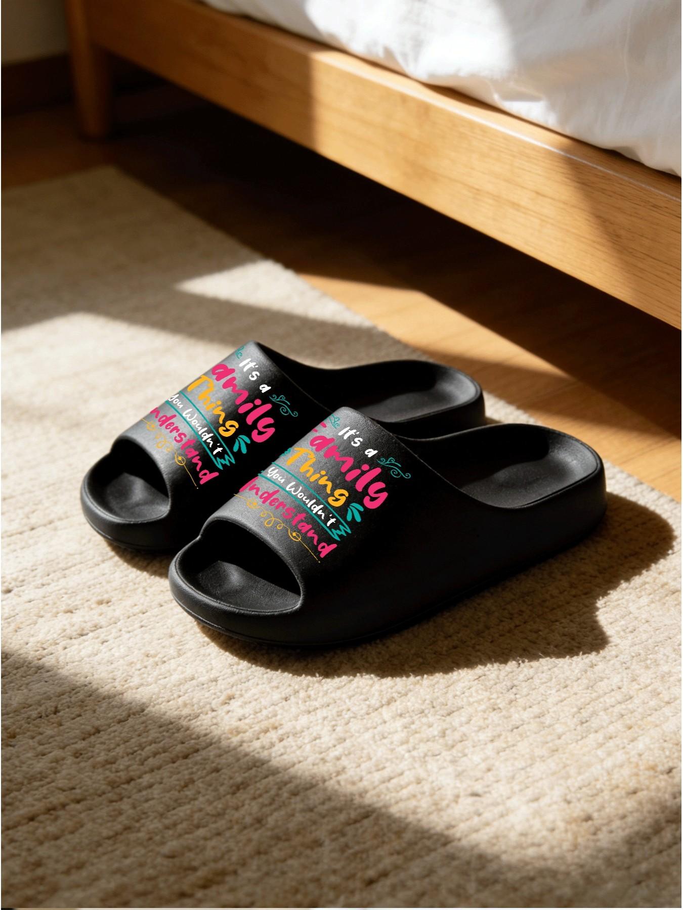1 Pair Family Themed Colorful Printed Thick Sole Slippers, American Retro Style, Non-slip Soft Sole Open Toe Slides, Indoor & Outdoor Dual-use Bathroom Slides