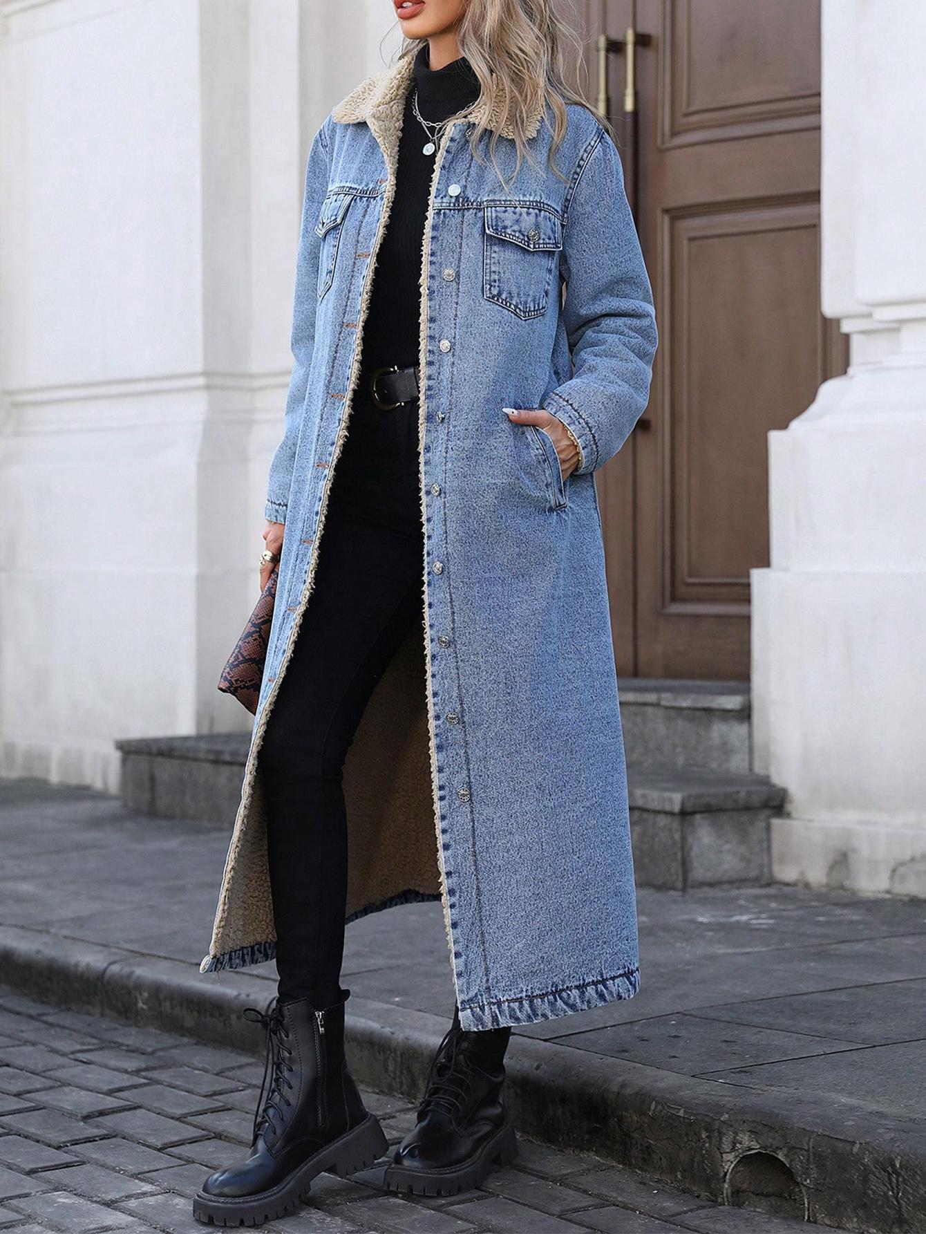 Women's Long Fleece-Lined Denim Jacket, Elegant Single-Breasted Design, Perfect For Winter, Casual