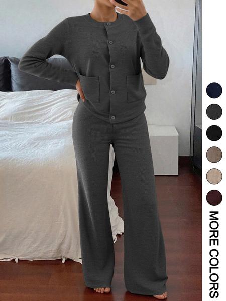 Women’s Casual Comfortable Round Neck Long Sleeve Knit Sweater Set with Pockets, High-Waisted Wide-Leg Pants, Perfect for Daily Wear
