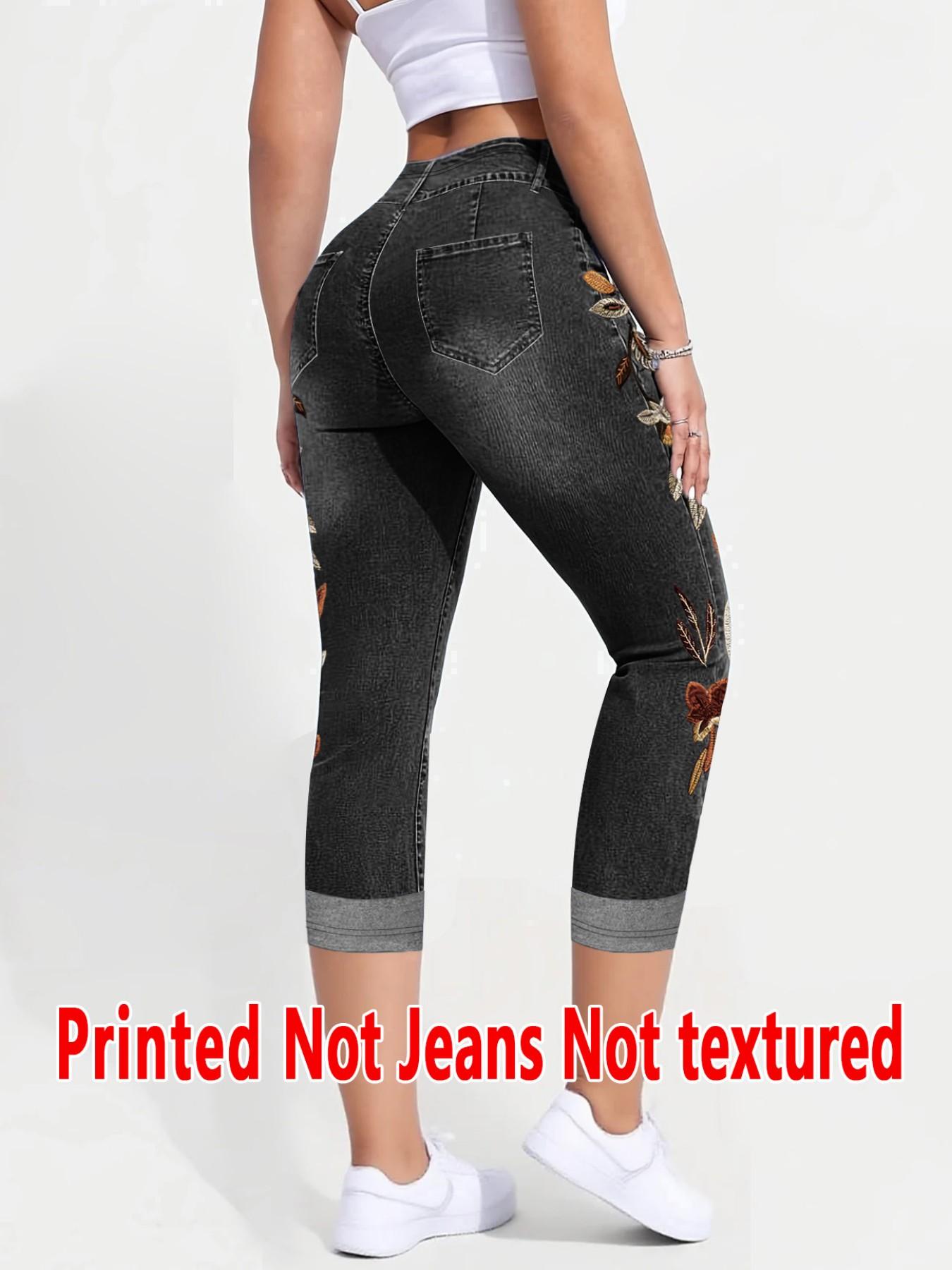 Women's Printed Skinny Pants Non-Denim Fabric, Ladies Seven-Inch Print Jeans-Like Bottoms, All Seasons Fashion