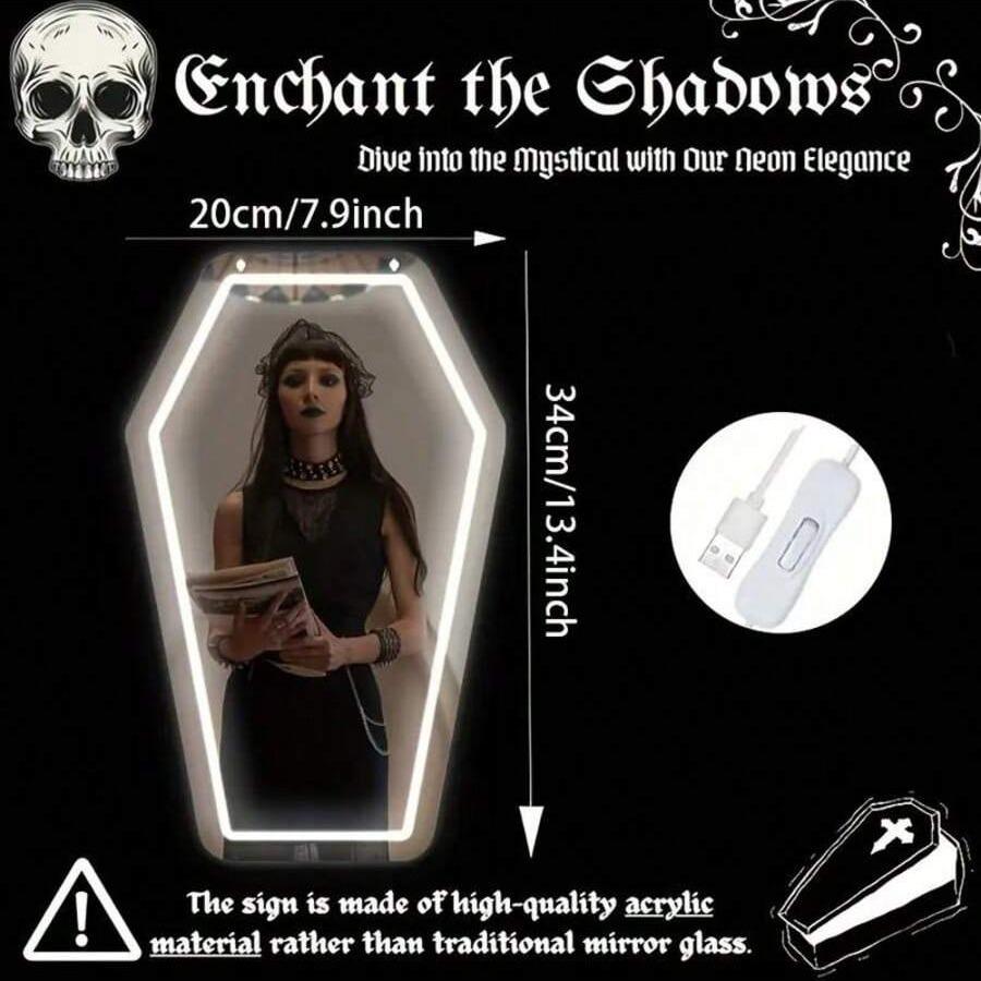 Gothic Coffin Shape Neon Wall Mirror, USB Powered, Glass Surface, Irregular Art Style, Perfect for Dark Art Lovers and Holiday Gifts