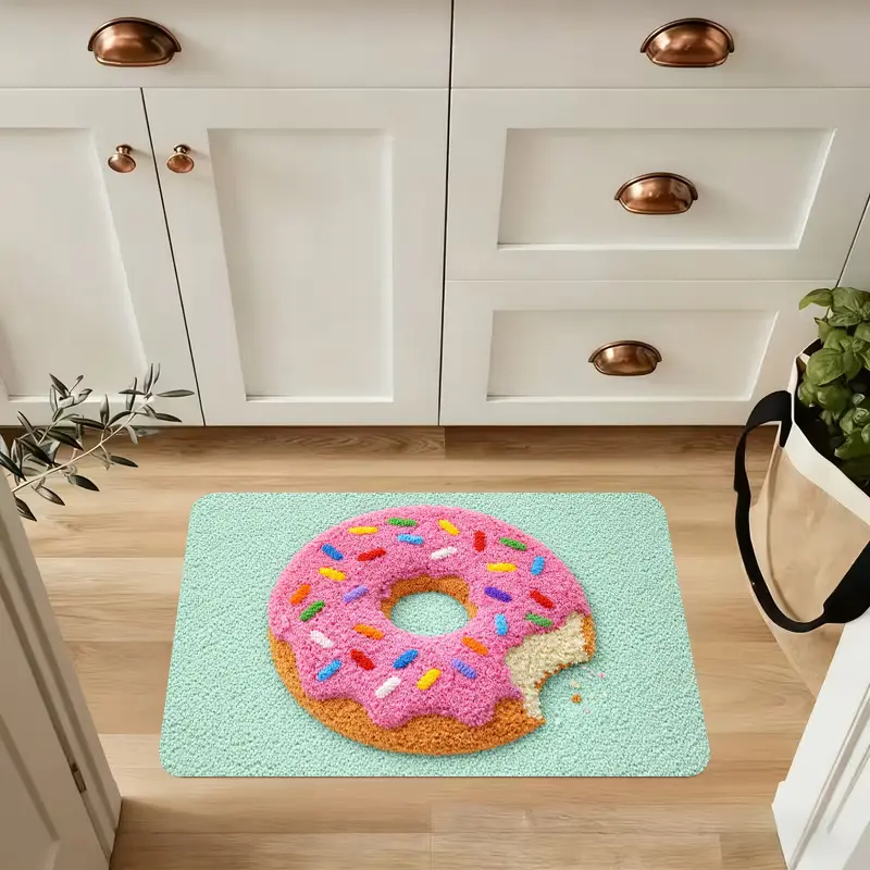 Flannel Floor Mat 1-piece, 2D flat printing, donut-shaped entrance mat with a bite mark, perfect for holiday dining and home decoration, indoor/outdoor party decoration