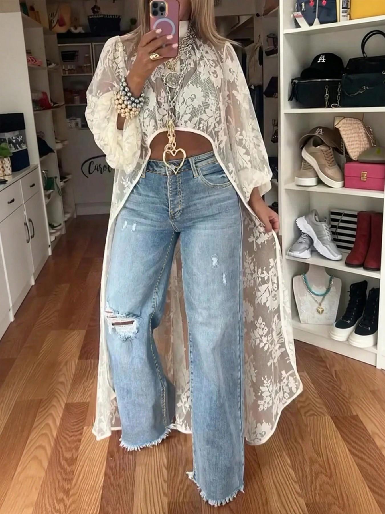 Light Wash High Waist Full Length Wide Leg Distressed Jeans For Women Casual, Trendy Denim Jeans, Comfortable & Stylish, Perfect for Casual Wear, Women's Fashion, Denim Bottoms