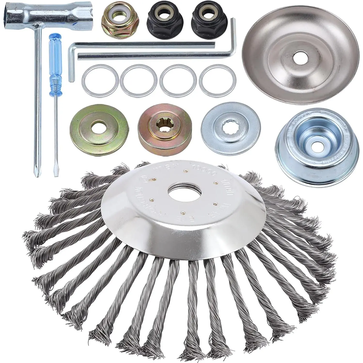 10 Inch Wire Brush Trimmer Head Weed Blade with Adapter Kit Compatible with,,String Trimmers, Lawnmower, Moss Grass Rust Removal
