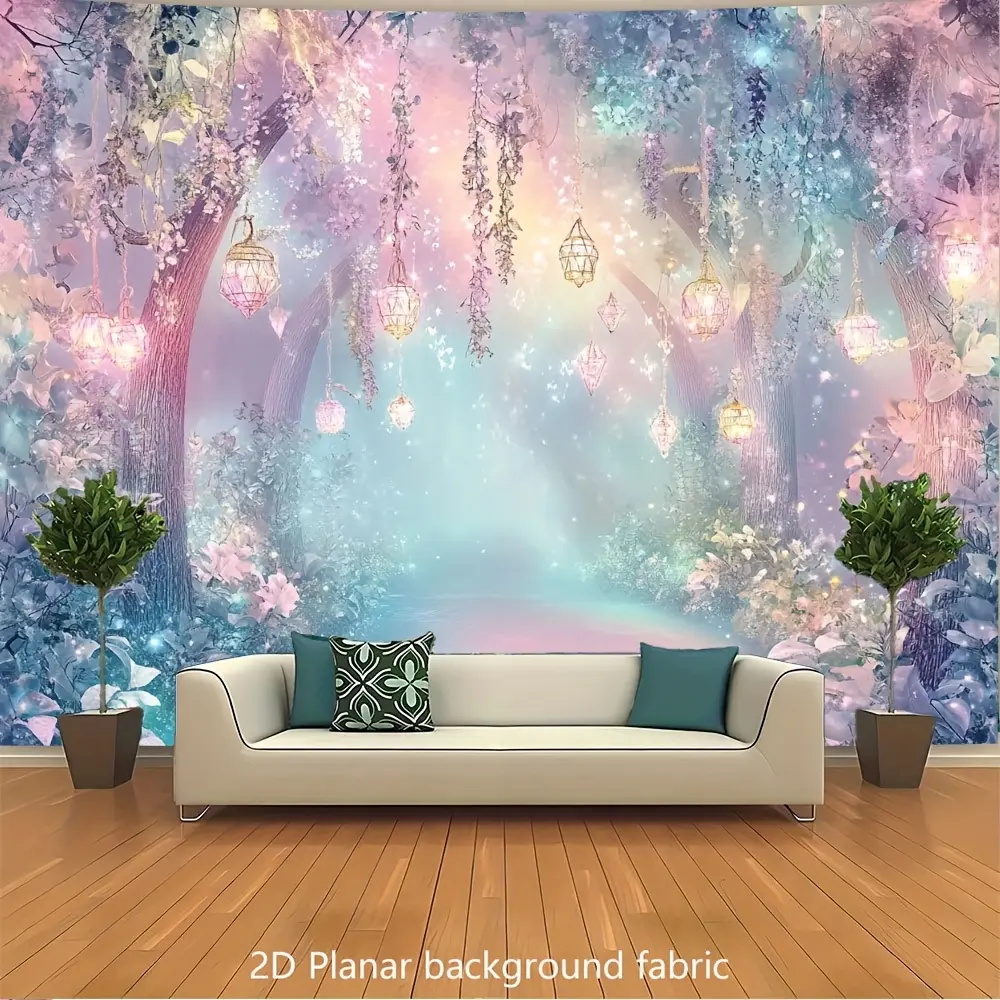 Bohemian Rainbow Glowing Forest Cloth Tapestry - High-Quality 2D Flat Print, Smooth Hanging Home Office Party Decoration, Dreamy Lantern Landscape Backdrop, Designer-Exclusive Peach Gift for All Seasons