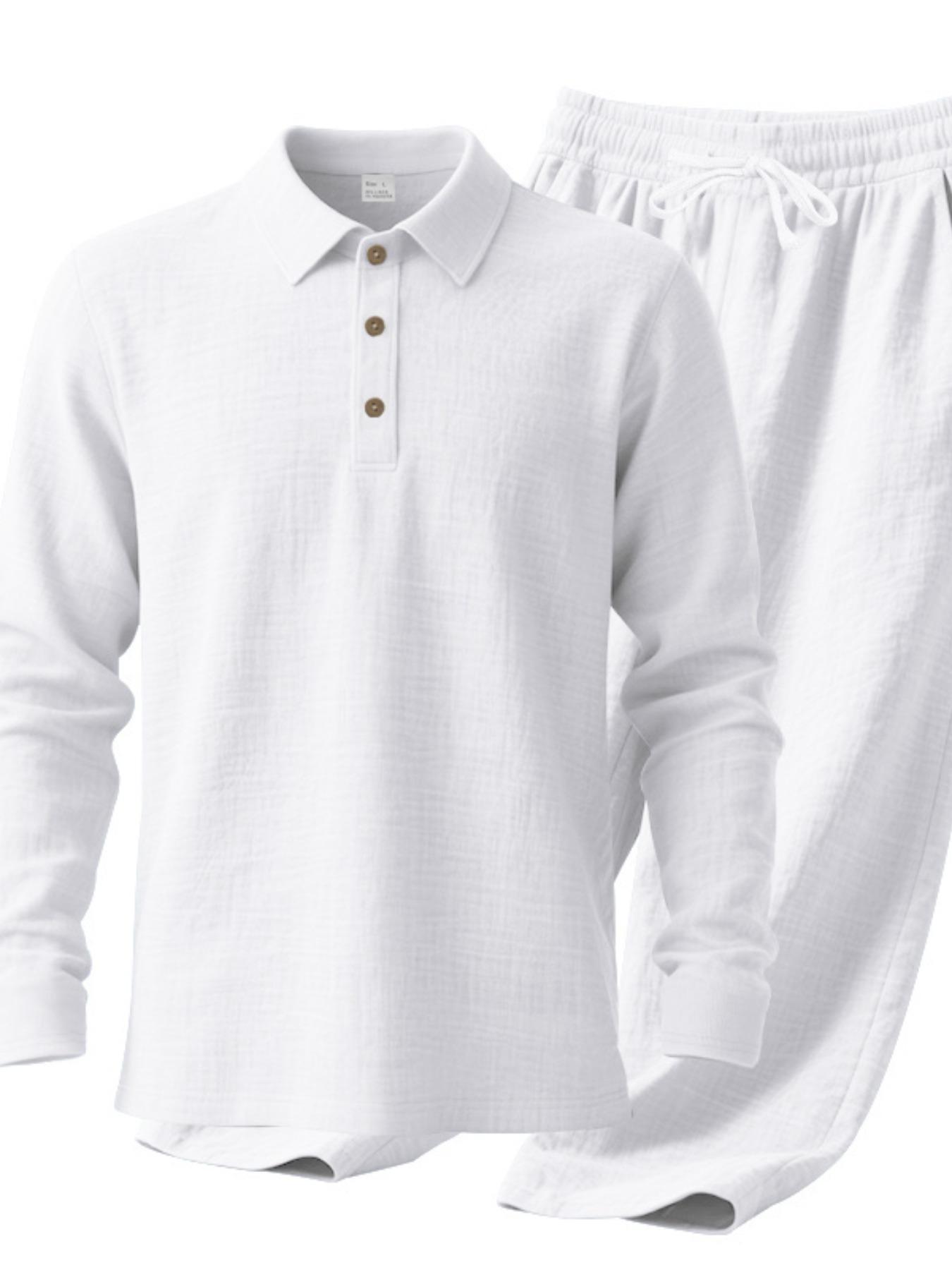 Men's Linen Polo Shirt & Pants Set, Classic Casual Loose-Fit Long Sleeve Top, Spring & Fall Woven Fabric for Daily Wear