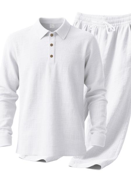 Men's Linen Polo Shirt & Pants Set, Casual Loose-Fit Long Sleeve Top, Spring & Fall Woven Fabric for Daily Wear
