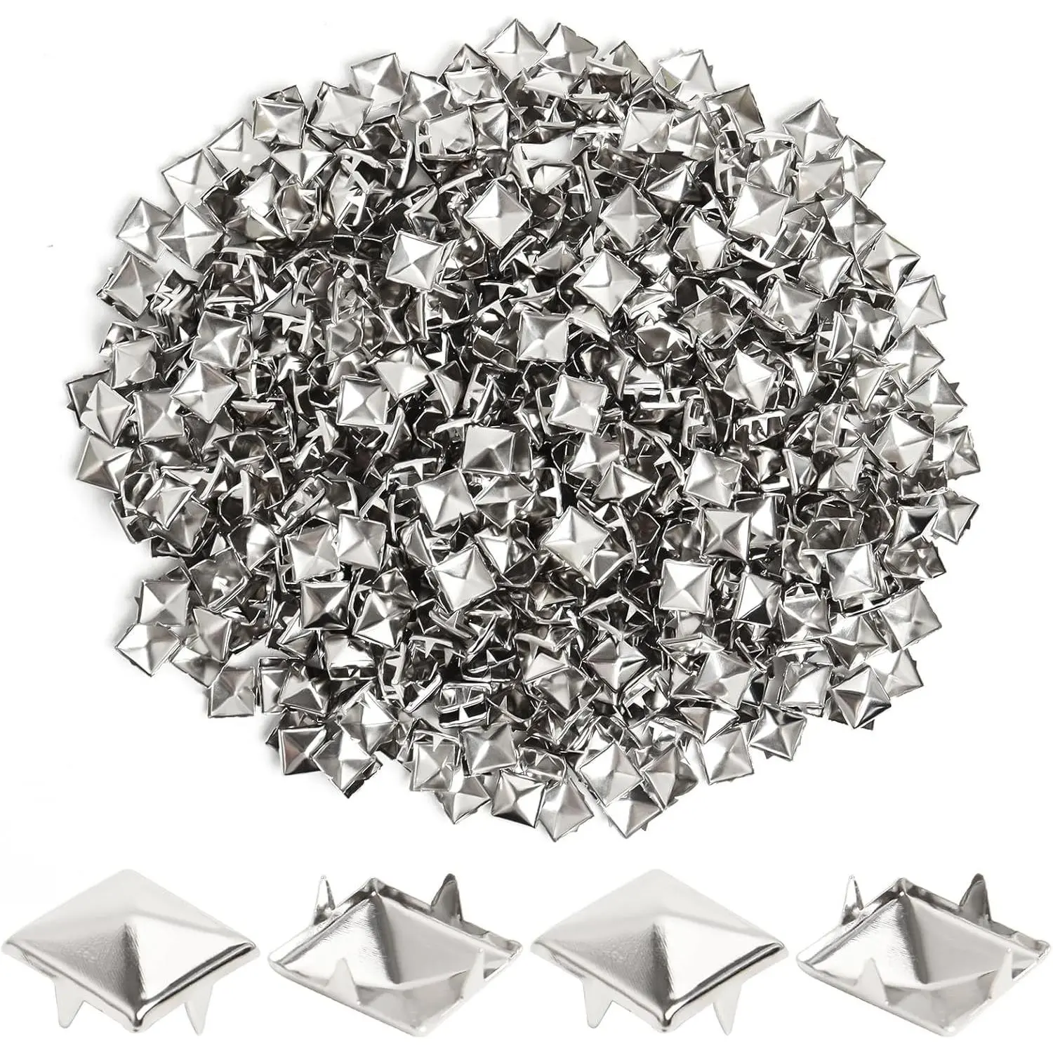 200 Pcs 10mm Silver Four-jaw Square Punk Pyramid Spikes Studs Rivets for Clothing, Shoes, Jackets, Backpacks and Leather Crafting