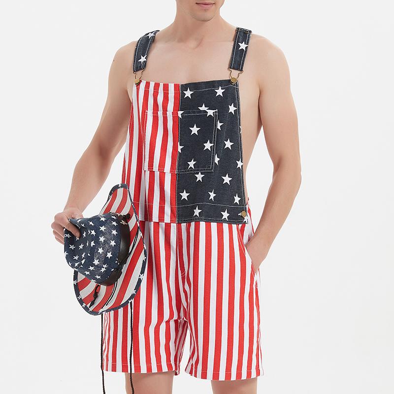 OPDNBON American Flag Overalls Men and Women Stretch Denim Bib Shorts USA 4th of July Outfit with Zipper